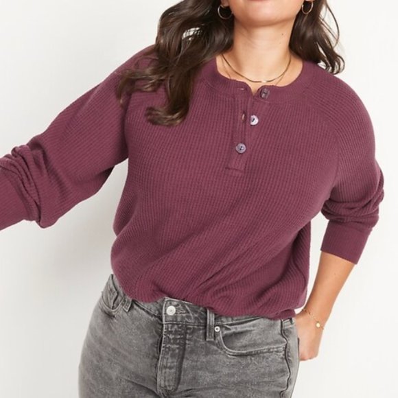 Loose Cropped Cozy Long-Sleeve Henley - Picture 1 of 1